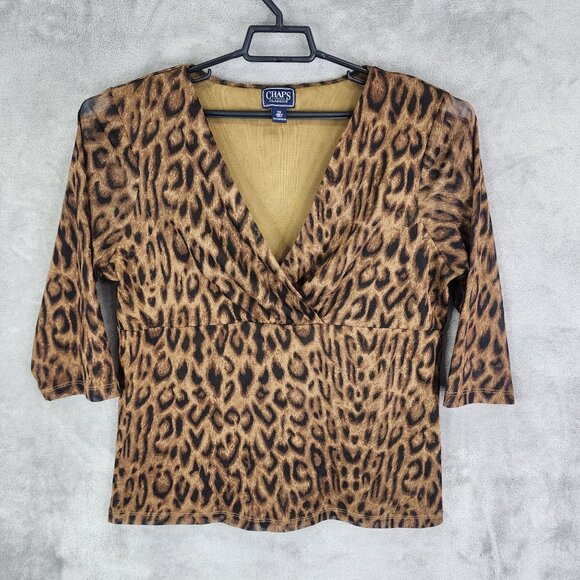 Womens Chaps Classics Brown Leopard Print Top 3/4 Sleeve V-Neck Polyester 2X - Picture 2 of 7
